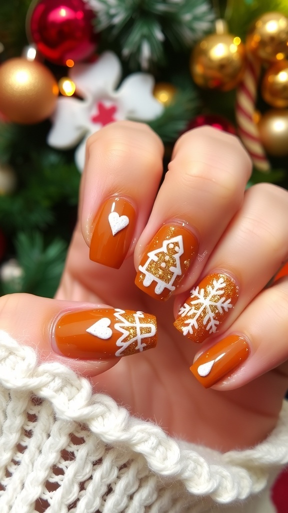 Classy gingerbread Christmas nails with brown base and white icing patterns, set against a festive background.